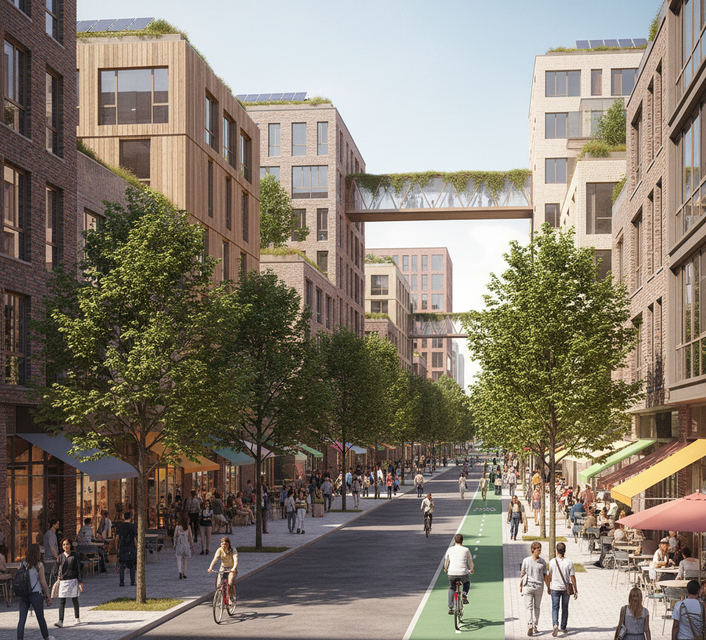 Future vision of a compact, liveable city with integrated green space, mixed-use programme, and sustainable infrastructure